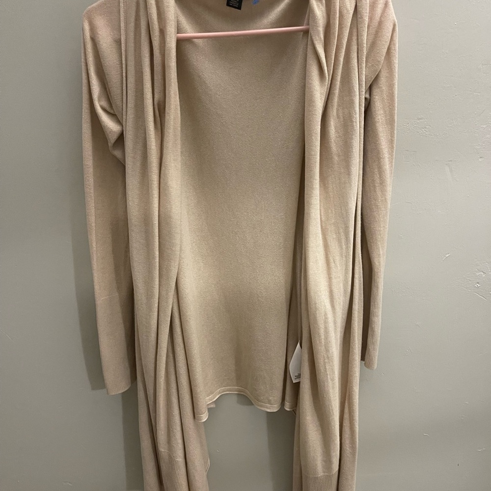 DKNY drape collar long winged sides tan cardigan L - Picture 3 of 5